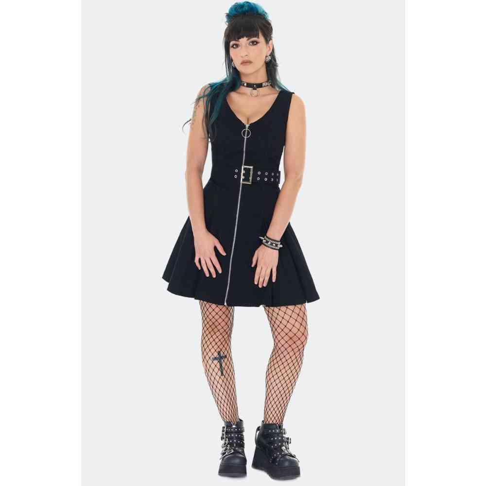 Jawbreaker - Belted Denim With Front Zip Mini jurk - Zwart